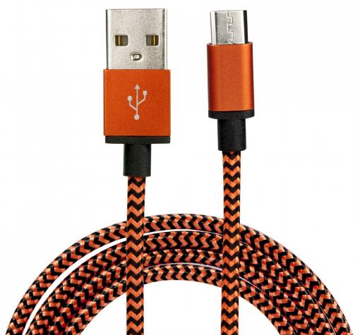 Micro USB кабел за зареждане и пренос на данни с дължина 2m за Samsung, LG, HTC, Sony, Lenovo и други - оранжево и черно