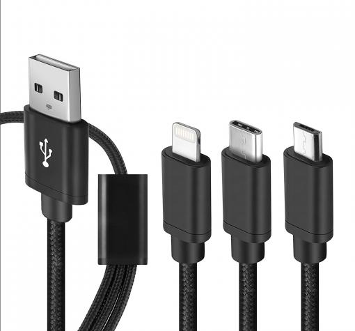Универсален USB кабел Type-C 3в1 1.2М Micro USB / iPhone USB Data Cable - черен