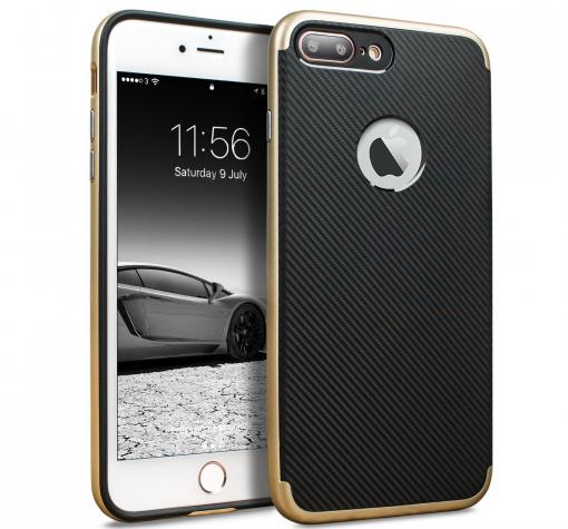 Луксозен силиконов калъф / гръб / TPU за Apple iPhone 7 Plus - черен със златист кант / carbon