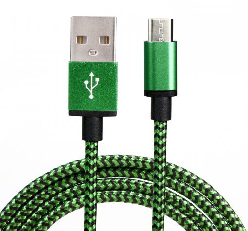 Micro USB кабел за зареждане и пренос на данни с дължина 2m за Samsung, LG, HTC, Sony, Lenovo и други - зелено и черно