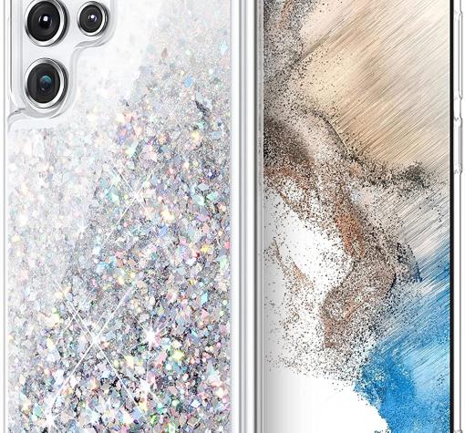 Луксозен твърд гръб / кейс / 3D Water Case за Samsung S21 FE 5G - прозрачен / течен гръб с брокат / сребрист