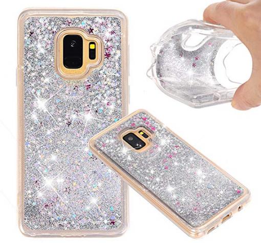 Луксозен твърд гръб 3D Water Case за Samsung S9 G960 - прозрачен / течен гръб с сребрист брокат / звездички