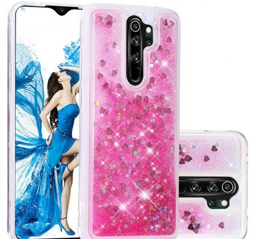 Луксозен твърд гръб 3D Water Case за Xiaomi Redmi 9 - прозрачен / течен гръб с брокат / сърца / розов