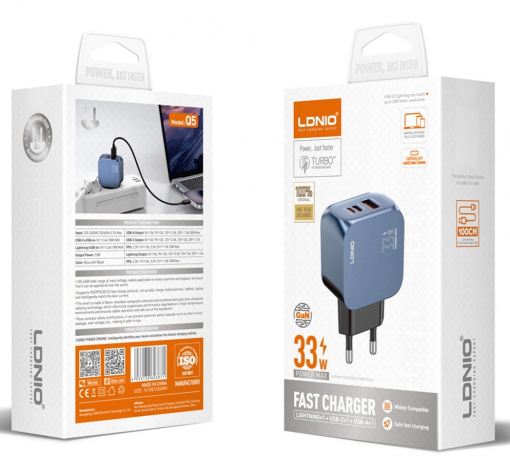 Зарядно устройство LDNIO Q5 GaN 33W с USB-C USB-A и USB Type-C към USB Type-C кабел