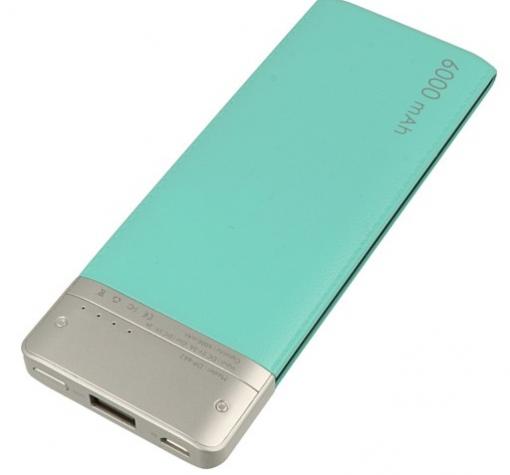Универсална външна батерия Vennus / Universal Power Bank Vennus / Micro USB Data Cable 6000mAh - мента със сиво