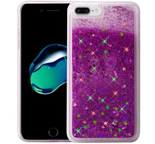 Луксозен твърд гръб 3D за Apple iPhone 7 Plus / iPhone 8 Plus - прозрачен / лилав брокат / звездички