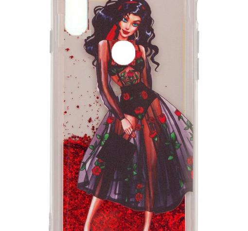 Луксозен твърд гръб 3D Water Case за Huawei Y6p - течен гръб с червен брокат / Fashion Girl