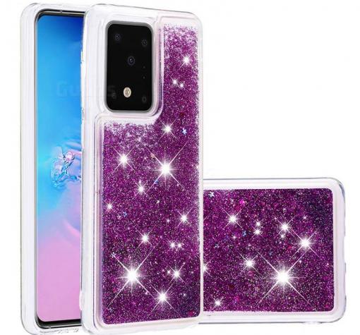 Луксозен твърд гръб 3D Water Case за Samsung S20 Ultra - прозрачен / течен гръб с брокат / сърца / лилав