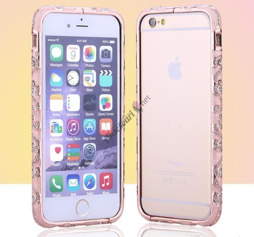 Луксозен метален бъмпер / Bumper за Apple iPhone 6 4.7'' - розов / златен кант и камъни
