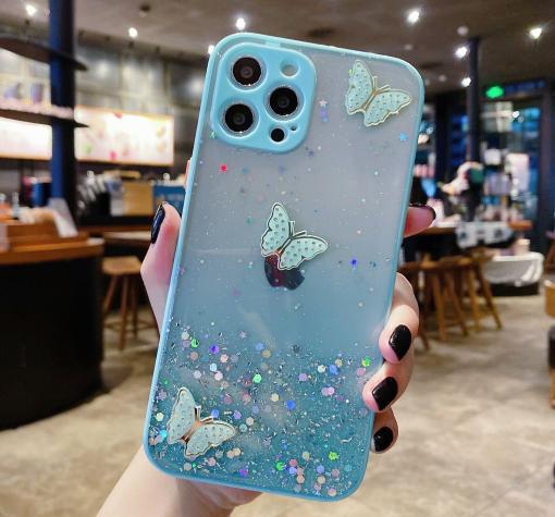 Луксозен твърд кейс със силиконов кант и брокат за Samsung A02s - прозрачен / пеперуди / мента