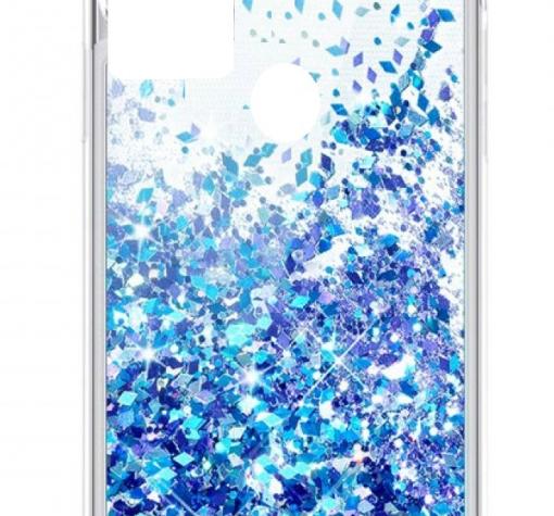 Луксозен твърд гръб 3D Water Case за Samsung A21s - прозрачен / течен гръб с брокат / син