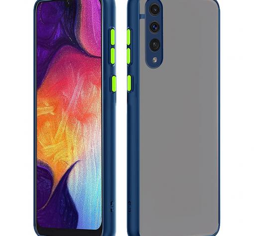 Луксозен твърд гръб / кейс / Shockproof за Samsung A50/A30s/A50s - прозрачен / мат / тъмно син кант