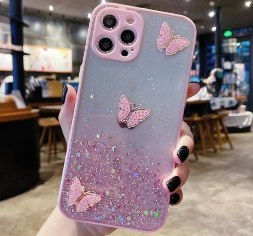 Луксозен твърд гръб / кейс / със силиконов кант и брокат за Samsung A52 4G / A52 5G / A52s 5G - прозрачен / пеперуди / розов кант
