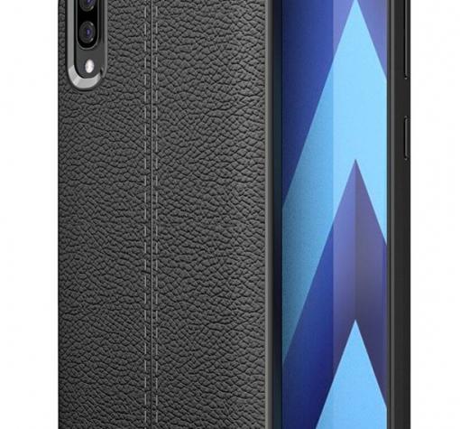 Луксозен силиконов калъф / гръб / TPU за Samsung A70 - черен / имитиращ кожа