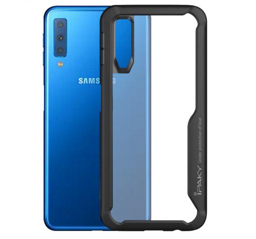 Луксозен твърд гръб IPAKY за Samsung A70 - прозрачен / силиконов черен кант
