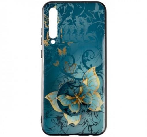 Луксозен силиконов калъф / гръб / TPU с Popsocket за Samsung A7 2018 A750F - синя пеперуда / син