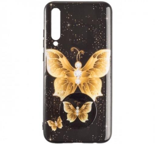 Луксозен силиконов калъф / гръб / TPU с Popsocket за Samsung A7 2018 A750F - златна пеперуда / черен
