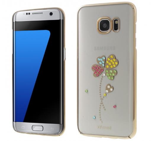 Луксозен твърд гръб X-FITTED Swarovski Diamond за Samsung S7 Edge G935 - прозрачен със златист кант / Crystal Lucky Clover