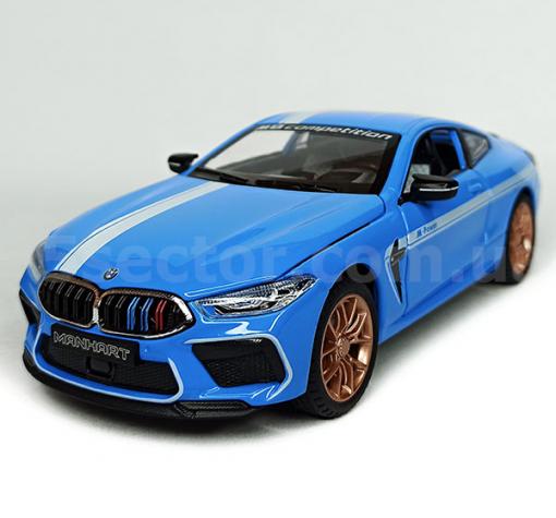 Метална кола с отварящи се врати капаци светлини и звуци BMW M8 Competition Manhart 1:24 - синя
