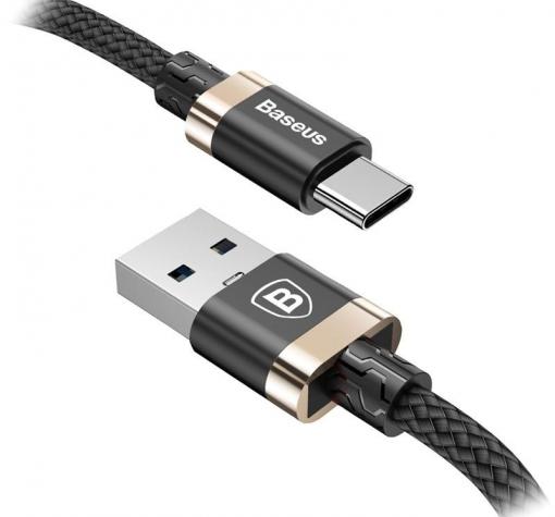 Оригинален USB кабел BASEUS Golden Belt 3A Type-C за зареждане и пренос на данни 2в1 1,5m за Samsung, Huawei, Sony, Xiaomi, Nokia, LG, Lenovo, HTC, Alcatel и др. - черен със златно