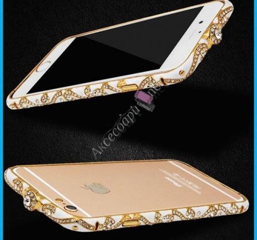 Луксозен метален бъмпер / Bumper за Apple iPhone 6 4.7'' - бял / златен кант и камъни