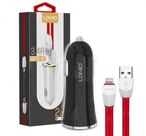 Оригинален USB кабел LDNIO C28 Car Charger 12V / 2 USB порта и Micro USB кабел 3.4A за Samsung , LG , HTC , Sony, Nokia, Huawei , ZTE, BlackBerry и др. - черно / бяло