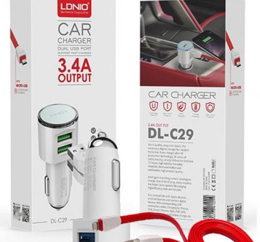 Оригинален USB кабел LDNIO C29 Car Charger 12V / 2 USB порта и Micro USB кабел 3.4A за Samsung , LG , HTC , Sony, Nokia, Huawei , ZTE, BlackBerry и др. - бял / червен