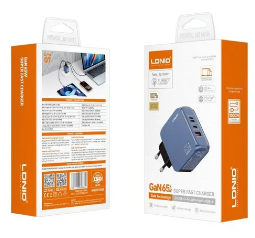 Зарядно устройство LDNIO Q7 GaN 65W с USB-C USB-A и USB Type-C към USB Type-C кабел