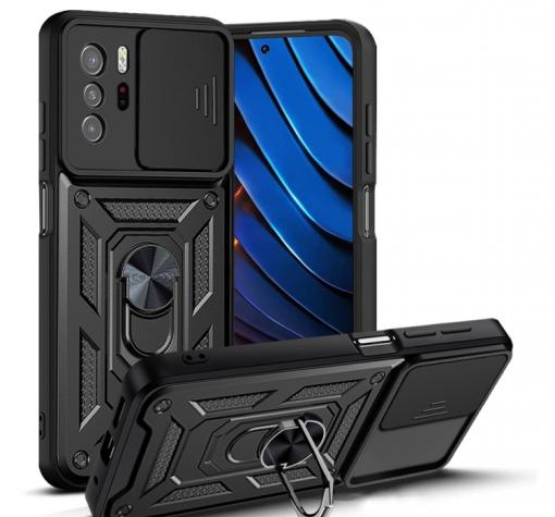 Удароустойчив гръб TPU кейс Slide Camera Case Magnetic Finger Ring Car Holder за Xiaomi Redmi Note 10 Pro 5G - черен