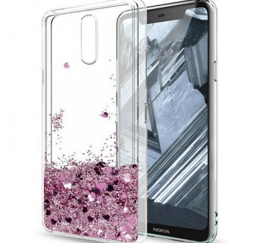 Луксозен гръб 3D Water Case за Samsung A72 / A72 5G - прозрачен / течен гръб с розов брокат / сърца