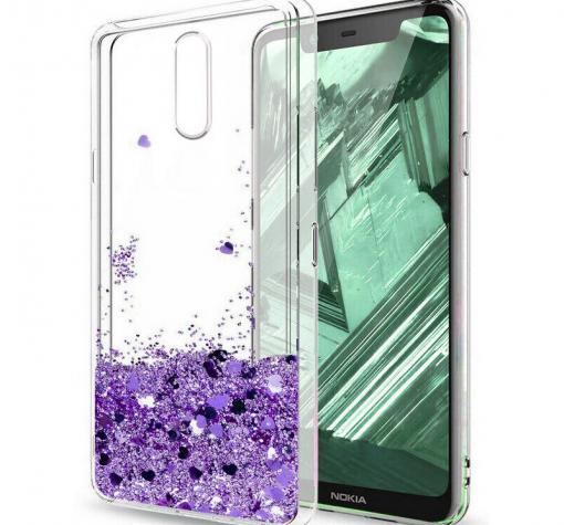 Луксозен твърд гръб 3D Water Case за Xiaomi Redmi 8A - прозрачен / течен гръб с брокат / сърца / лилав
