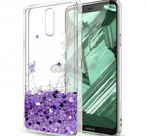 Луксозен гръб 3D Water Case за Samsung A72 / A72 5G - прозрачен / течен гръб с лилав брокат / сърца
