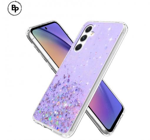 Силиконов калъф / гръб / Brillant Clear Case за Samsung A03s - лилав / сребрист брокат