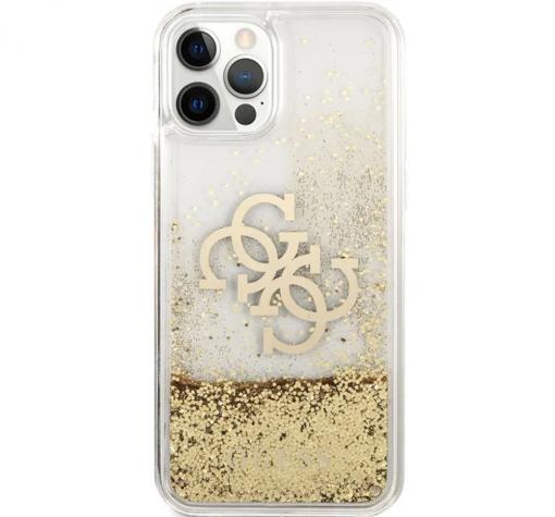 Оригинален гръб 3D Guess Glitter Case за Apple iPhone 12 / 12 Pro 6.1'' - прозрачен / златист брокат