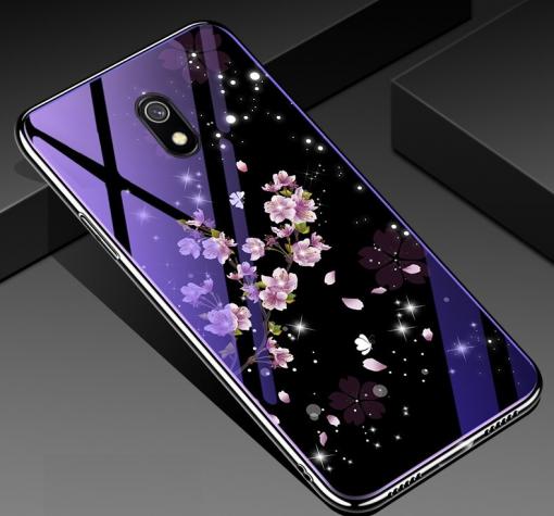 Луксозен стъклен твърд гръб със силиконов кант за Xioami Redmi 8A - лилави цветя