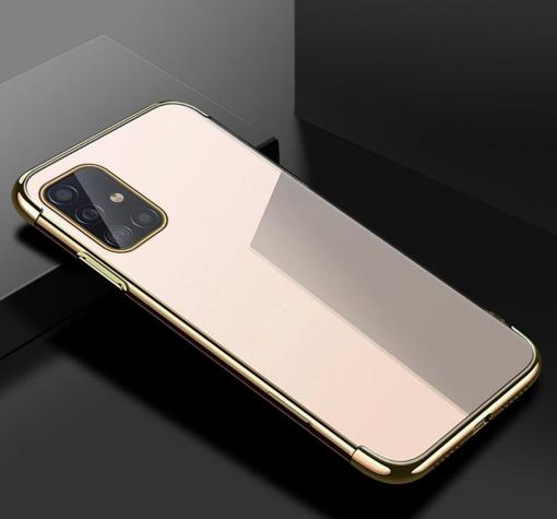 Луксозен силиконов калъф / гръб / TPU за Samsung A41 - прозрачен / златист кант