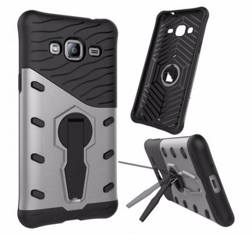 Силиконов гръб TPU Hybrid с твърда част и 360° въртяща стойка за Samsung J3 / J3 2016 J320 - черно и сребристо