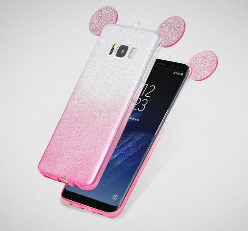 Луксозен силиконов калъф / гръб / TPU 3D за Samsung S8 G950 - преливащ / розово и сиво / брокат / миши ушички / 2в1