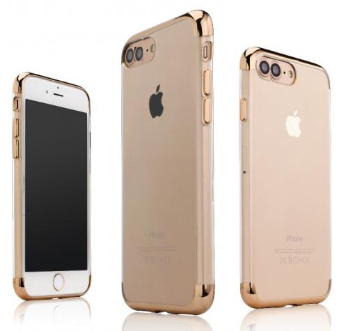 Луксозен ултра тънък силиконов калъф / гръб / TPU Ultra Thin Shining Case за Apple iPhone 7 Plus - прозрачен / златист кант