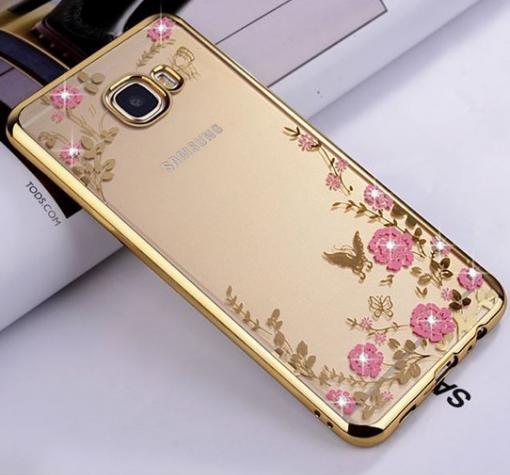 Луксозен силиконов калъф / гръб / TPU с камъни за Samsung A3 2017 A320 - прозрачен / розови цветя / златист кант