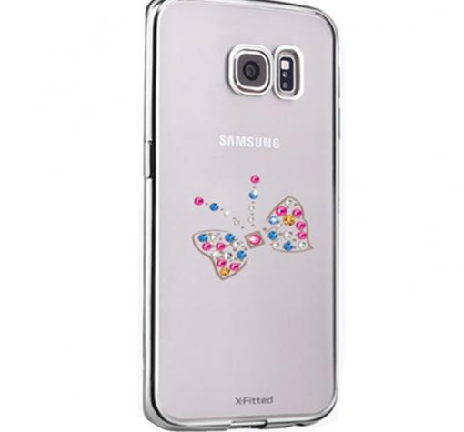 Луксозен твърд гръб X-FITTED Swarovski Diamond за Samsung S7 Edge G935 - прозрачен със сребрист кант / цветна панделка