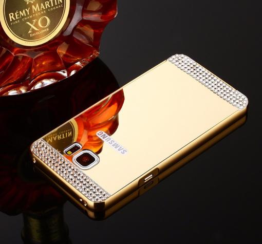 Луксозен алуминиев бъмпер с твърд гръб и камъни за Samsung A5 2016 A510 - златист / огледален