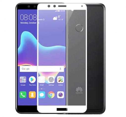 3D full cover Tempered glass screen protector Huawei Y9 2018 / Извит стъклен скрийн протектор Huawei Y9 2018 - бял