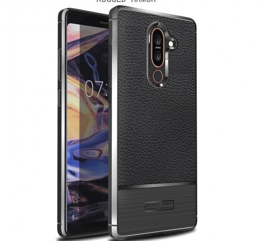 Луксозен силиконов калъф / гръб / TPU за Nokia 7 Plus - черен / имитиращ кожа / Rugged Armor