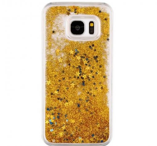 Луксозен твърд гръб 3D за Samsung S7 G930 - прозрачен / златист брокат / звездички