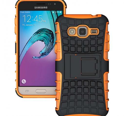 Силиконов гръб TPU Hybrid с твърда част и стойка за Samsung J3 / J3 2016 J320 - черен с оранжево