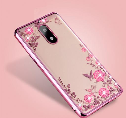 Луксозен силиконов калъф / гръб / TPU с камъни за Nokia 8 2017 - прозрачен / розови цветя / Rose Gold кант