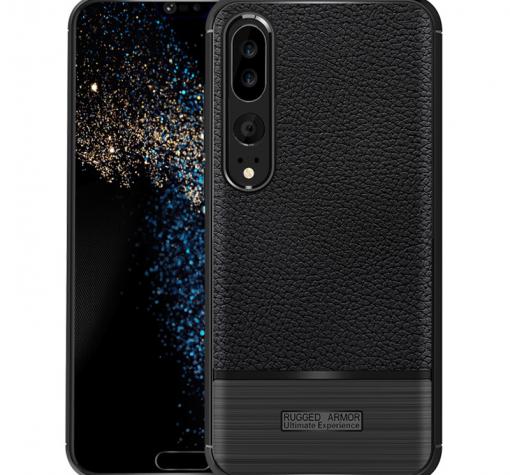 Луксозен силиконов калъф / гръб / TPU за Huawei P20 - черен / имитиращ кожа / Rugged Armor