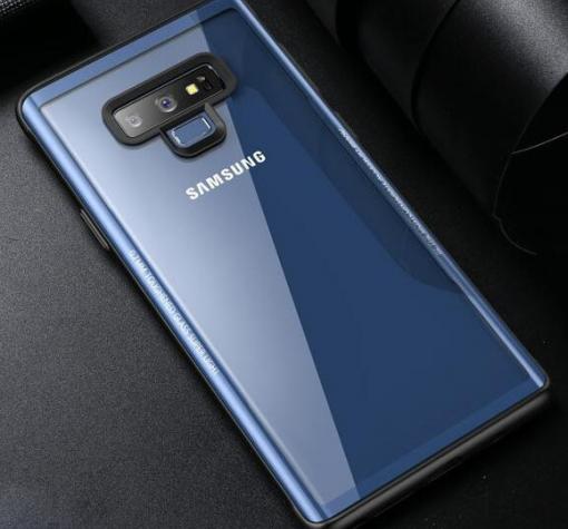 Луксозен стъклен твърд гръб EDIVIA GLASS за Samsung Note 9 - прозрачен / син кант