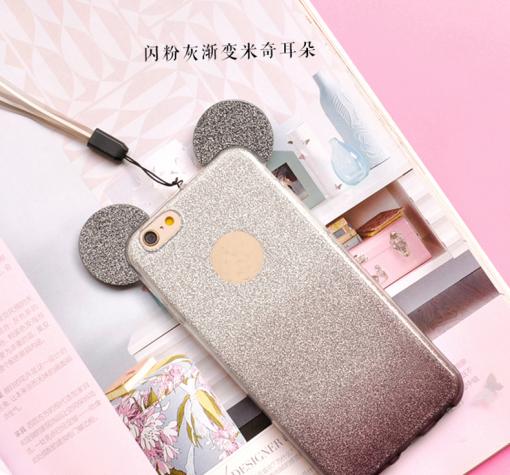 Луксозен силиконов калъф / гръб / TPU 3D за Apple iPhone 7 / iPhone 8 - преливащ / сиво и сребристо / миши ушички / 2в1